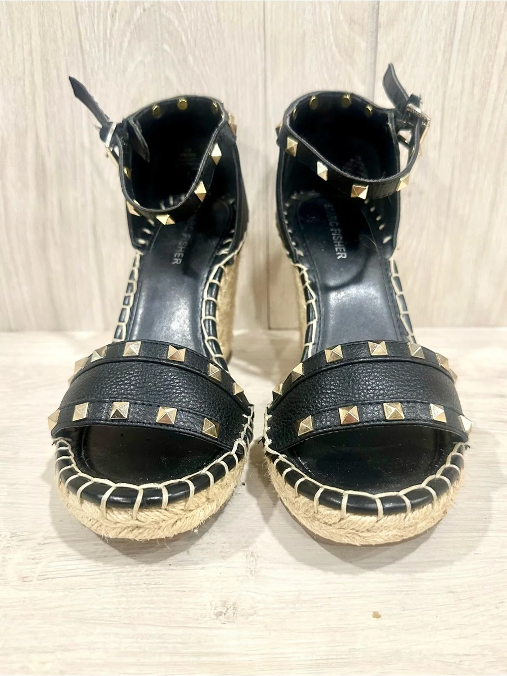 Marc Fisher Black Studded Espadrille Wedge Sandals Size 7 - Picture 2 of 9